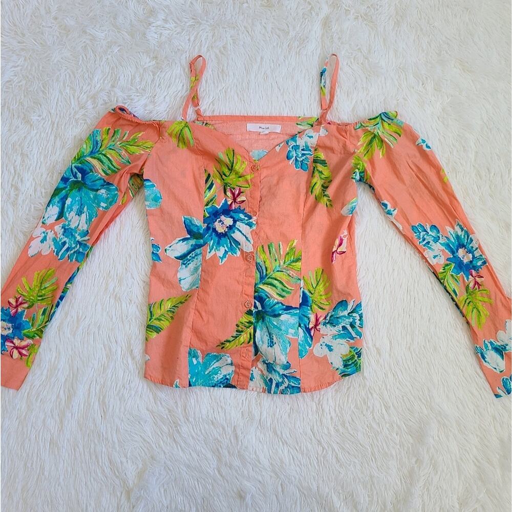 Miss Lili Coral Floral‎ Colorful Off The Shoulder Button Up Blouse Size M